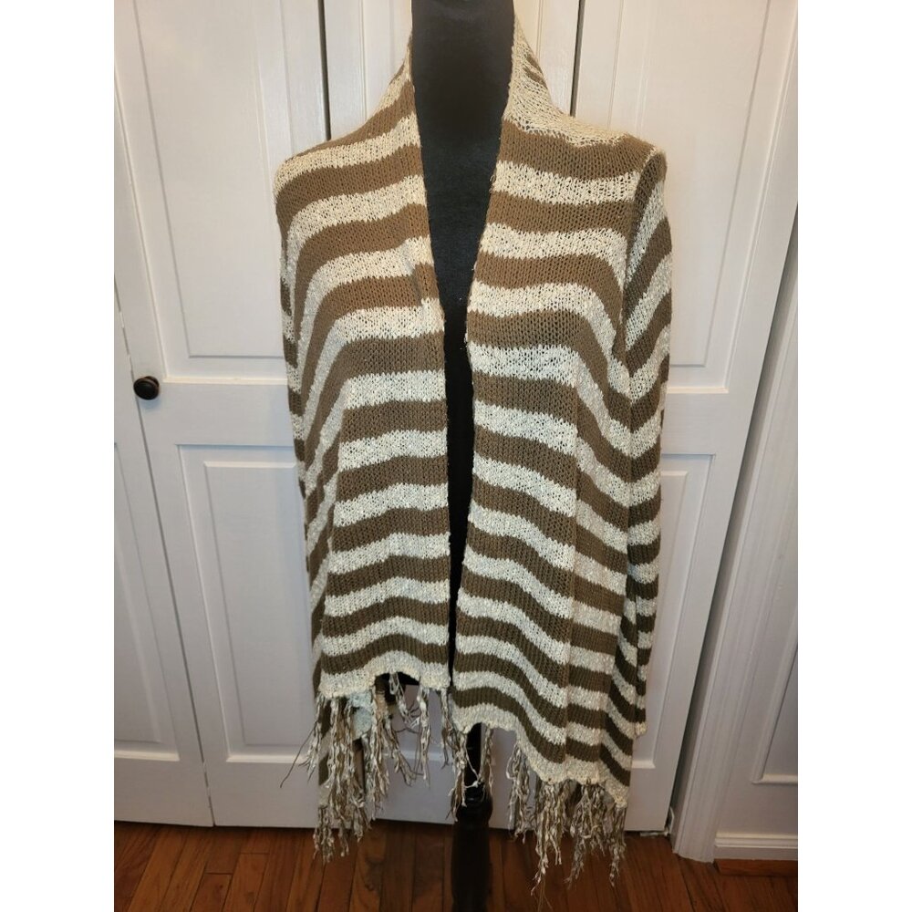 Olive/Ivory Stripe Sweater Cashmere/Cotton Blend Fringe S/M Boho Neutral n - Picture 1 of 8